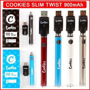 Nuevas galletas Slim Twist Vape Pen Batería Bottom Spinner 900mAh VV Precalentamiento 3.3-4.8V Cartucho de vaporizador de aceite grueso Vapes Baterías para 510 hilos