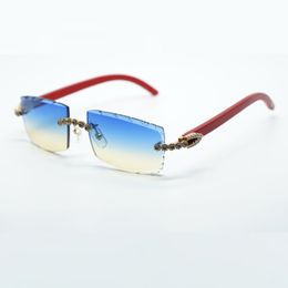 Nuevas y geniales gafas de sol 3524031 con ramo de diamantes azules y patas de madera roja natural, lentes de corte de 57 mm