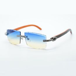 Nouvelles lunettes de soleil cool 3524031 avec diamant XL et pieds en bois orange naturel, verres coupés de 57 mm