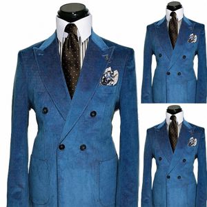 Nouveaux costumes pour hommes en velours côtelé sur mesure 2 pièces Blazer Pantalon One Butt Peaked Revers Bleu foncé Busin Mariage Groom sur mesure U0CG #