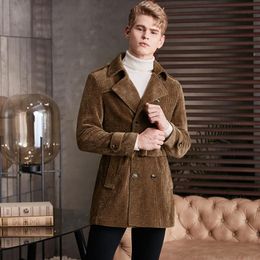 Hommes laine mélanges velours côtelé hommes Trench luxe automne hiver longueur moyenne Chenille rayure mâle vestes mode homme manteaux avec ceinture 6XL
