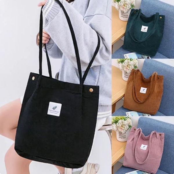 Nuevo bolso de hombro de pana para mujer, bolso versátil de tela de algodón, bolso de compras ecológico de Color sólido, bolsos de mano reutilizables para mujer