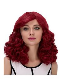 Nouveau Perruque Cosplay bouclée avec raie latérale, cheveux rouge vin