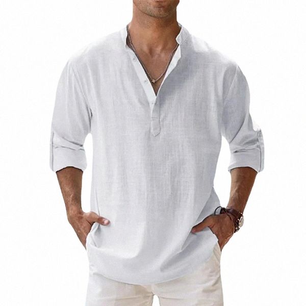 Nouveaux chemises en lin Cott pour hommes Chemises décontractées Légères Lg Manches Henley Chemises de plage Hawaiian T pour hommes Streetwear y4Fe #