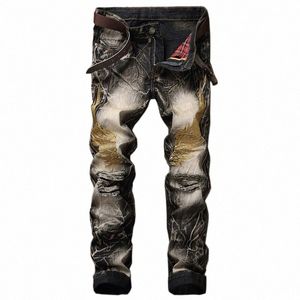 Nieuwe Cott Streetwear Jeans Men European and American Persality borduurwerkvleugels Hole denim broek Retro C7GF#