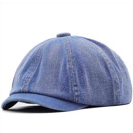 Nieuwe katoenen denim mannen Berets zomer vintage solide kleur achthoek cap vrouwen Franse piekkappen gatsby casual krantenverkoper hoed j220722