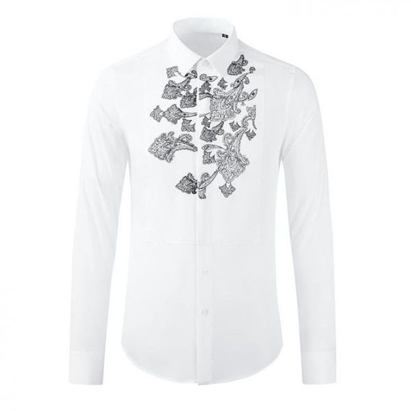 Nouveau coton hommes chemises de haute qualité à manches longues broderie blanc homme chemises Slim Fit fête hommes chemises habillées Camisa Masculina