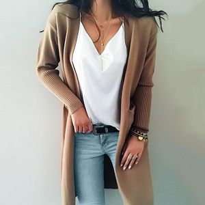 Nieuwe katoenen effen vest lange vest vrouwen kasjmier solide gebreide trui vrouwen lange mouw winter 2020 zakken vrouwelijke vest kimono