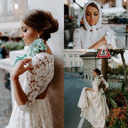 Nouveau country sexy bohemian robes de mariée d'été une ligne en dentelle complète de trois quarts de manches ouverte le plancher de fond plus taille robes nuptiales formelles
