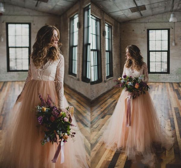 Nouveau Pays Robes De Mariée Avec Manches Longues En Dentelle Blush Tulle Col En V Bohême Jardin Plage De Mariage Plus La Taille Robes De Mariée De Mariée Pas Cher