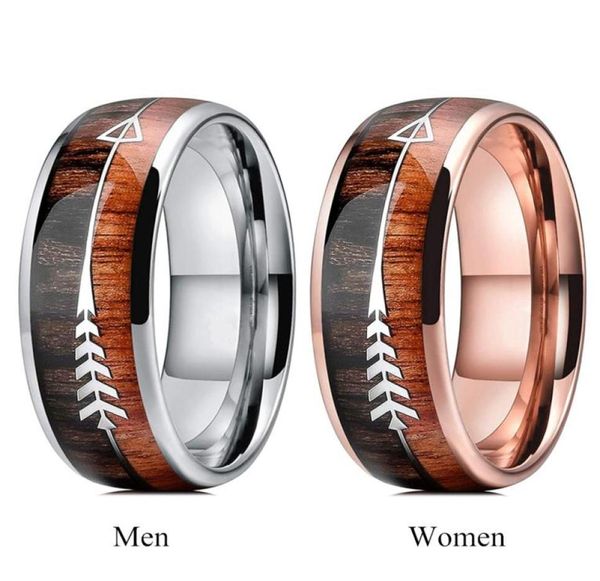 Nouveau couple anneau Men Femmes Tungstten Band de mariage Wood Arrows Inclay Rose Gold Ring For Couple Engagement Promise Jewelry3785984