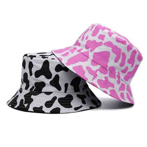 Nieuwe koeien patroon roze en witte emmer hoed modieuze reizen zonbestendige vrouw omkeerbare sombreros de mujer gorras bob G220418