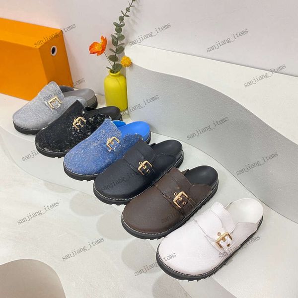 NOUVEAU Cozy Line Pantoufles Femmes Hommes En Cuir Denim En Relief Mules Easyline Bout Fermé Sabot Sabots Demi Diapositives 2024 Paris Mode Boucle Appartements Doublure En Fourrure Sandales En Daim