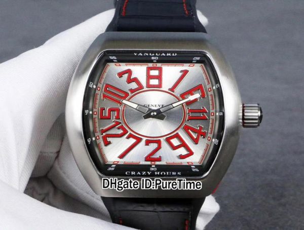 Nuevo horas locas 8880 Mensor automático Reloj Case de acero negro Dial de plata interna Rojo Red Big Number Markers Red Rubber cuero Puret8180786