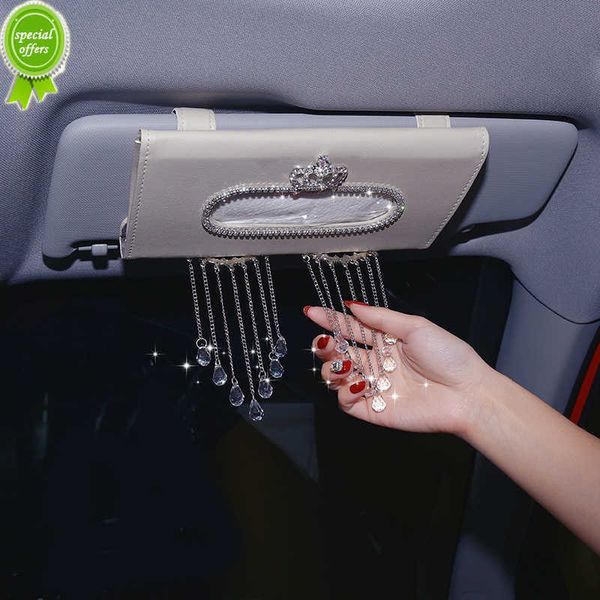 Nouveau créatif cristal glands voiture porte-mouchoirs sac pare-soleil suspendu diamant couronne cuir Auto boîte de papier de soie pour accessoires de voiture