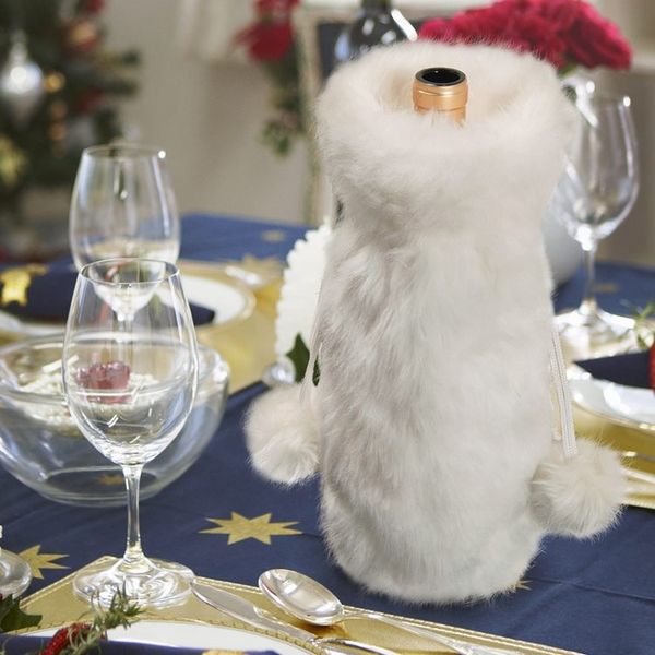 nouveau sac à cordon créatif porte-bouteille de vin en peluche blanc pur restaurant vin de Noël ensemble décoration de Noël T2I51308