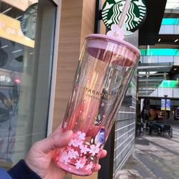 Nuevas tazas creativas (bebidas) de Starbucks Pink Cherry Blossom Bear Mason Vaso doble de gran capacidad con taza para sorber Taza de café de regalo