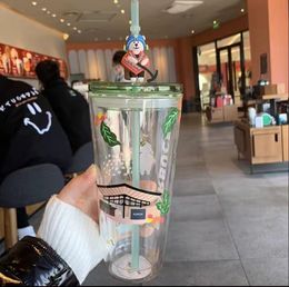Nueva taza creativa (Drinkware) Taza Starbuc Pink Cherry Blossom Copa de vidrio de gran capacidad con taza de paja