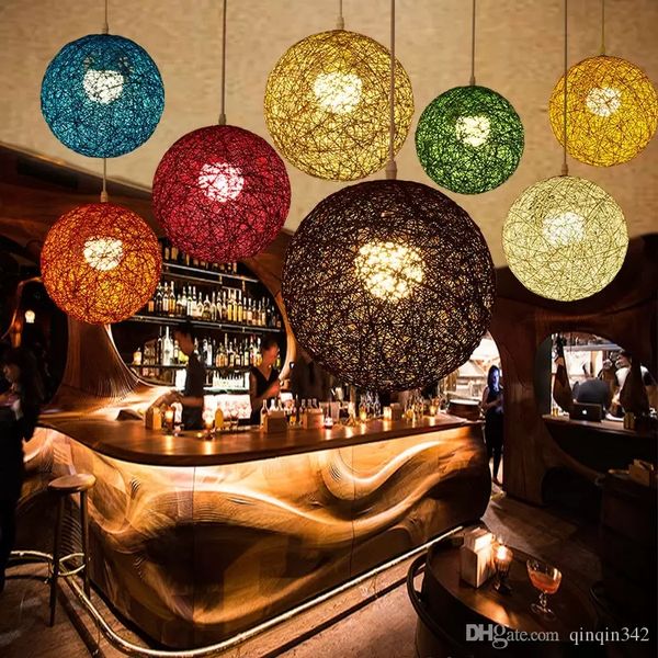 Nouveau Personnalité créative coloré Restaurant Bar café lampes rotin champ pâtes boule E27 suspension