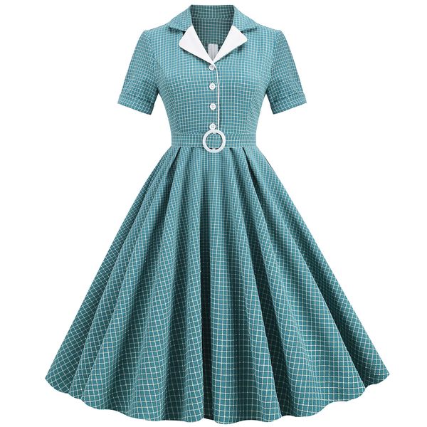 Nuevo vestido cruzado de estilo europeo y americano estilo Hepburn Vintage con cuello en V y cintura alta ajustado a cuadros vestido de vuelo grande para mujer