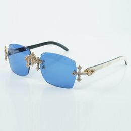 Nouvelles lunettes d'usine de diamants entièrement incrustées de croix 3524018 lunettes de soleil jambes en corne de bœuf mélangées noires naturelles et lentilles coupées de 58 mm