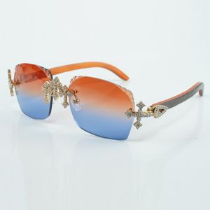 Nouvelles lunettes d'usine de diamants entièrement incrustées de croix 3524018 lunettes de soleil jambes en bois d'orange naturel et lentilles coupées de 58 mm