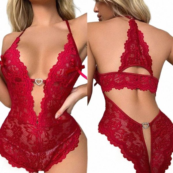 Nuevo Crotchl Red Lencería sexy Mujeres Lace Hollow Body Disfraces eróticos Teddy Baby Doll Dr Deep V Open Bra Ropa interior porno 21VF #