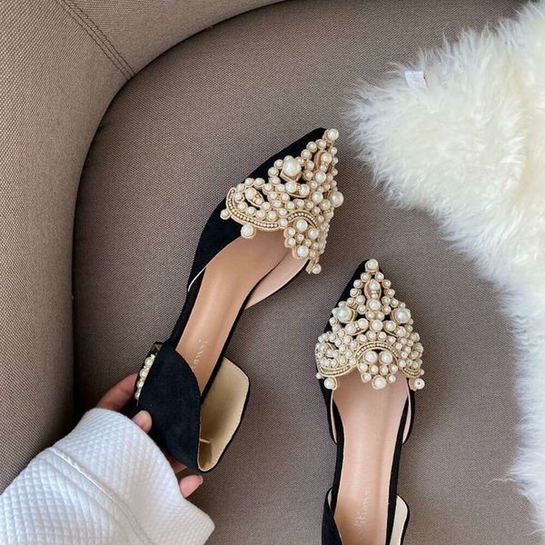 Nuevos zapatos planos de corona para mujer, zapatos de boda con punta estrecha, mocasines de vestir para mujer, tacón bajo de perlas, estilo de moda para mujer 35-43