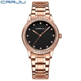 Nouveau CRRJU or Rose femmes montre japon mouvement Quartz étanche montres femme cadran rond tache acier bande mode horloge