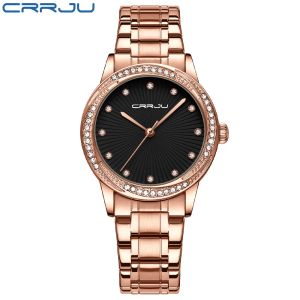 Nuevo Reloj CRRJU de oro rosa para mujer, relojes de pulsera resistentes al agua con movimiento japonés de cuarzo, reloj de moda con esfera redonda para mujer, reloj de moda con banda de acero