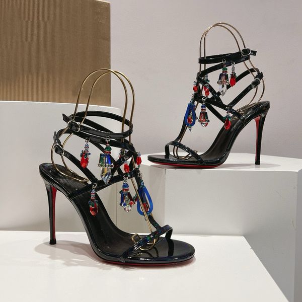 Nueva araña de cristal sandalias adornadas tacones de aguja de cuero enjaulados zapatos de noche mujeres tacones diseñadores de lujo tobillo zapatos envolventes calzado de fábrica 35-43