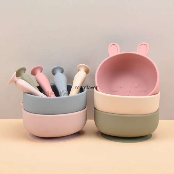 Nouveaux tasses plats ustensiles sans BPA lapin bol en Silicone pour bébé Silicone bol d'alimentation pour bébé vaisselle cuillère étanche bol de vaisselle antidérapant