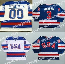 New Custom 1980 Team USA Hockey Jerseys 3 Ken Morrow 16 Mark Pavelich 20 Bob Suter Men's Stitched USA Uniformes de hockey vintage Azul Blanco