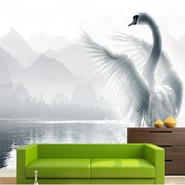 Nouvelle douane 3D belle romantique Belle Swan Lake TV Mur Decoration Paint Wallpaper pour les murs 3 D pour le salon314c