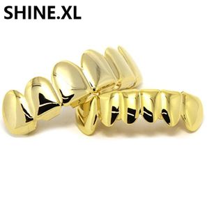 Nieuwe Custom Fit 14K Gold Ploated Hip Hop Tands Grillz Caps Top Bottom Bottom Grill Set Halloween Party Body Jewelry1970586