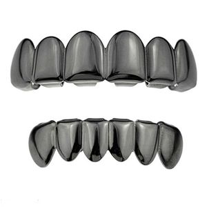 Nieuwe Custom Fit Gun Black Plated Hip Hop Tanden Grillz Top Bottom Vampire Fangs Tanden Grills Caps Set met Silicone