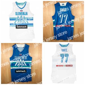 Nieuwe aangepaste Luka Doncic #77 Team Slovenija Rare Basketball Jersey Top Print White Blue Elke naam Nummer maat S-4XL