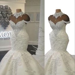 2023 Robes de mariée sirène personnalisé luxe arabe hors de l'épaule col haut dentelle appliques cristal perles robe de mariée grande taille robes de mariée formelles