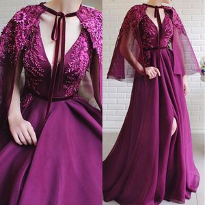 2022 Druif v-hals Een lijn Tule Prom Dresses met Wrap Pearls Beaded Top Avondjurken Split Sexy Pageant Jurk C0123