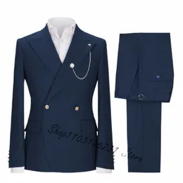 Nouveau Custom Made Navy Hommes Costumes Double Boutonnage Formel Mâle Blazer Slim Fit Groomsmen 2 Pièces Costumes Veste Pantalon Costume Homme K0ay #