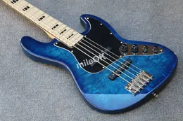 Custom shop vintage 5-snarige F elektrische basgitaar, Blue Quilted Maple top, Elzen materiaal body bas, zwarte inleg, Groothandel