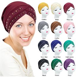 Nieuwe aangepaste goede kwaliteit moslim hoofddeksels vrouwen strass sjaal wrap effen kleur diamant tulband vrouwen effen hoed