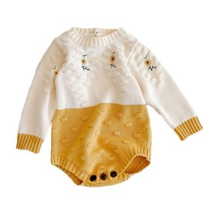 Nieuwe schattige babymeisje gebreide bodysuit zonnebloem borduurwerk jumpsuit baby meisje lente lange mouw truien bodysuit 210413