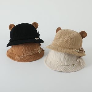 Nuevo lindo sombrero de cubo para bebé con orejas de oso, invierno, primavera, Color sólido, pana suave para niño y niña, sombreros para el sol al aire libre, sombreros para niño y niña, gorras