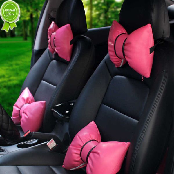 Nuevo lindo Bowknot PU cuero coche cuello almohada cintura apoyo almohadas Auto asiento de seguridad reposacabezas cubierta rosa rojo accesorios de coche para niñas