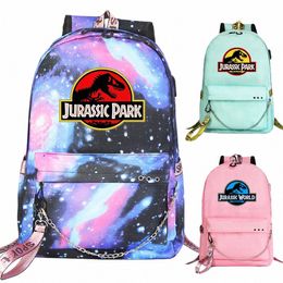 Nouveau mignon garçons filles enfants sac d'école dinosaure Jurassic Park imprime femmes USB chaîne sac à dos toile hommes sac à dos packsack bookbag D19Y #