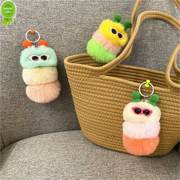 Nuevo lindo llavero de oruga de dibujos animados muñeco de peluche colgante llavero mujeres baratijas suspensión bolsas adornos coche llavero juguete regalos