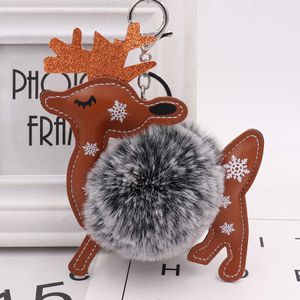 Nouveau mignon cerf animal boule de fourrure porte-clés en cuir PU wapiti flocon de neige en peluche pendentif porte-clés femme sac voiture ornements cadeaux de Noël G1019