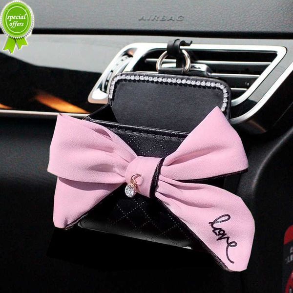 Nouveau mignon diamant Bowknot voiture évent sortie poubelle en cuir voiture support pour téléphone portable sac de rangement organisateur Auto cintre boîte voiture style