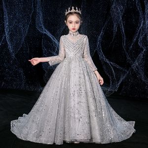 Nieuw schattig bloemenmeisje tule kralen toegewezen optochtjurken voor meisjes First Holy Communion Dresses Kids Prom 403